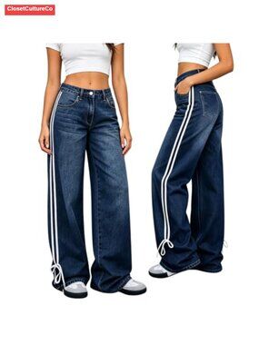High Rise Straight Leg Stretchy Striped Jeans Pinstripe Denim Pants